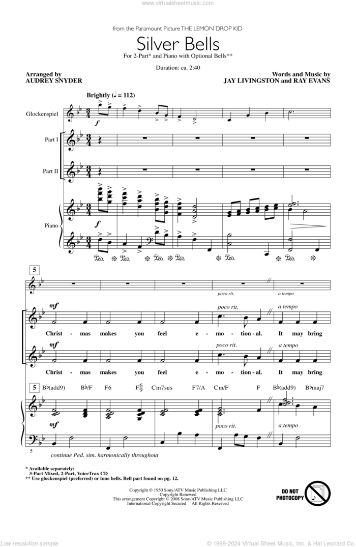 Silver Bells sheet music for choir (2-Part) by Audrey Snyder, intermediate duet