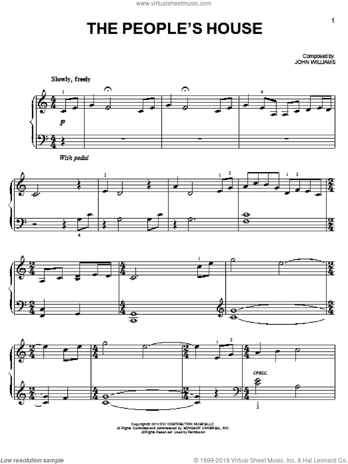 The People's House sheet music for piano solo by John Williams and Lincoln (Movie), easy skill level