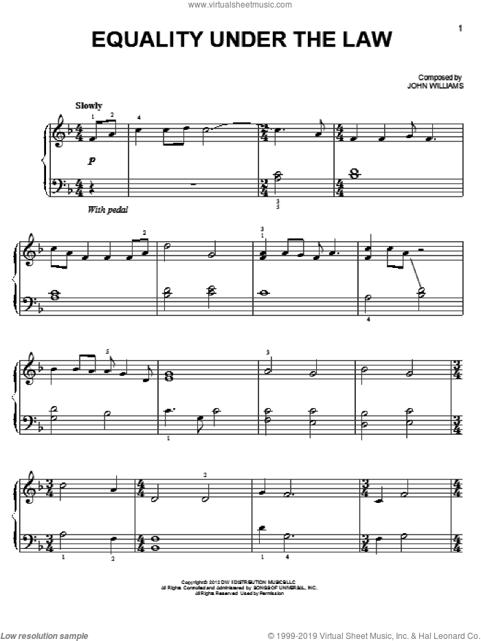 Equality Under The Law sheet music for piano solo by John Williams and Lincoln (Movie), easy skill level