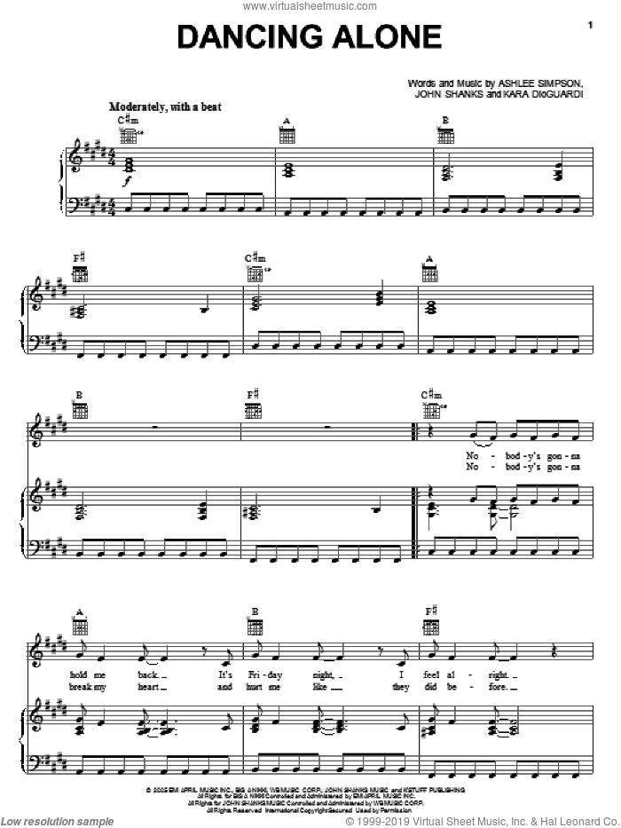 Dancing Alone sheet music for voice, piano or guitar by Ashlee Simpson, John Shanks and Kara DioGuardi, intermediate skill level