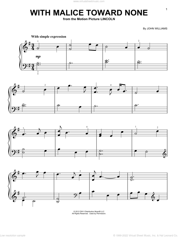 With Malice Toward None, (easy) sheet music for piano solo by John Williams and Lincoln (Movie), easy skill level