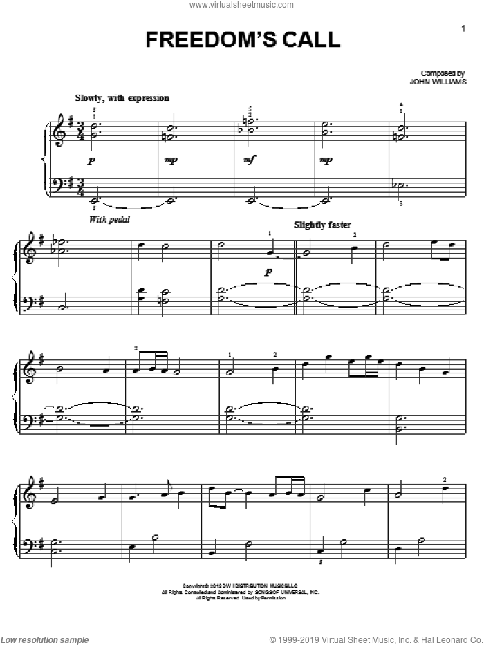 Freedom's Call sheet music for piano solo by John Williams and Lincoln (Movie), easy skill level
