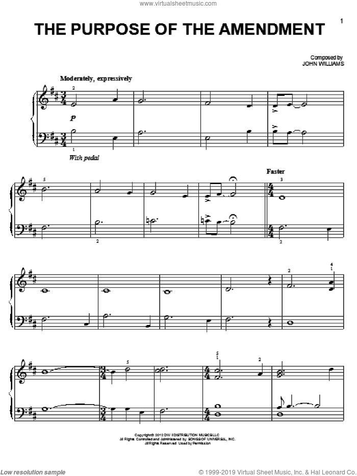 The Purpose Of The Amendment sheet music for piano solo by John Williams and Lincoln (Movie), easy skill level
