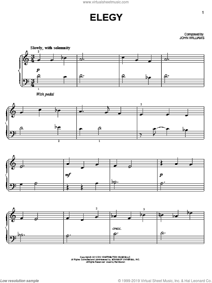 Elegy sheet music for piano solo by John Williams and Lincoln (Movie), easy skill level