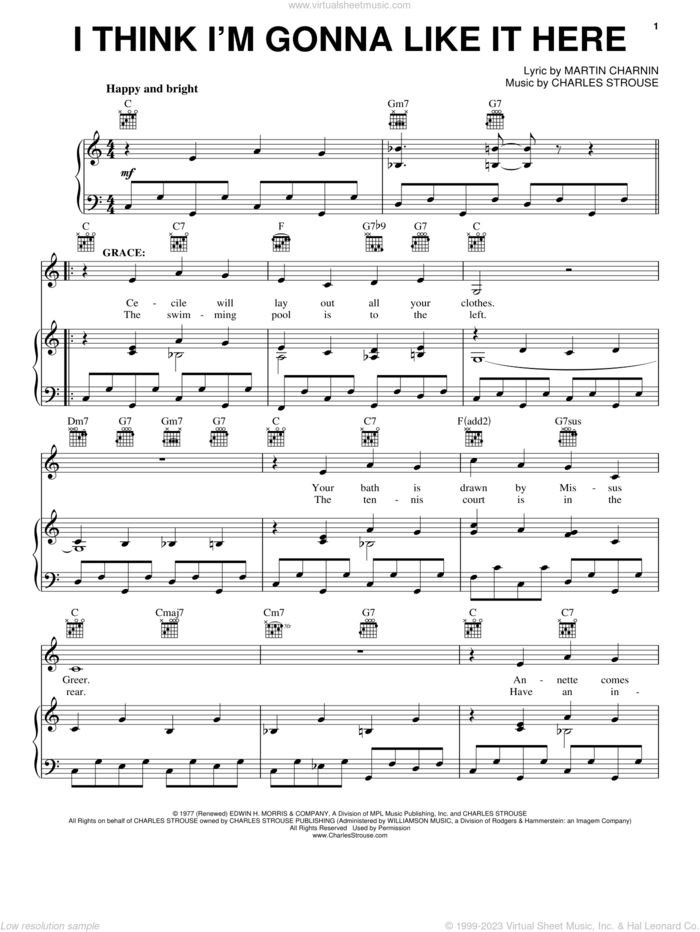I Think I'm Gonna Like It Here sheet music for voice, piano or guitar by Charles Strouse and Martin Charnin, intermediate skill level