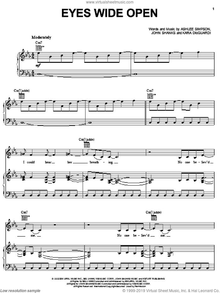 Eyes Wide Open sheet music for voice, piano or guitar by Ashlee Simpson, John Shanks and Kara DioGuardi, intermediate skill level