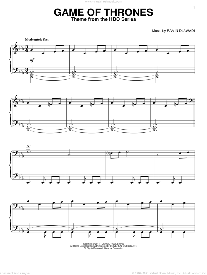Fahrenheit Diploma rápido Game Of Thrones - Main Title, (intermediate) sheet music for piano solo