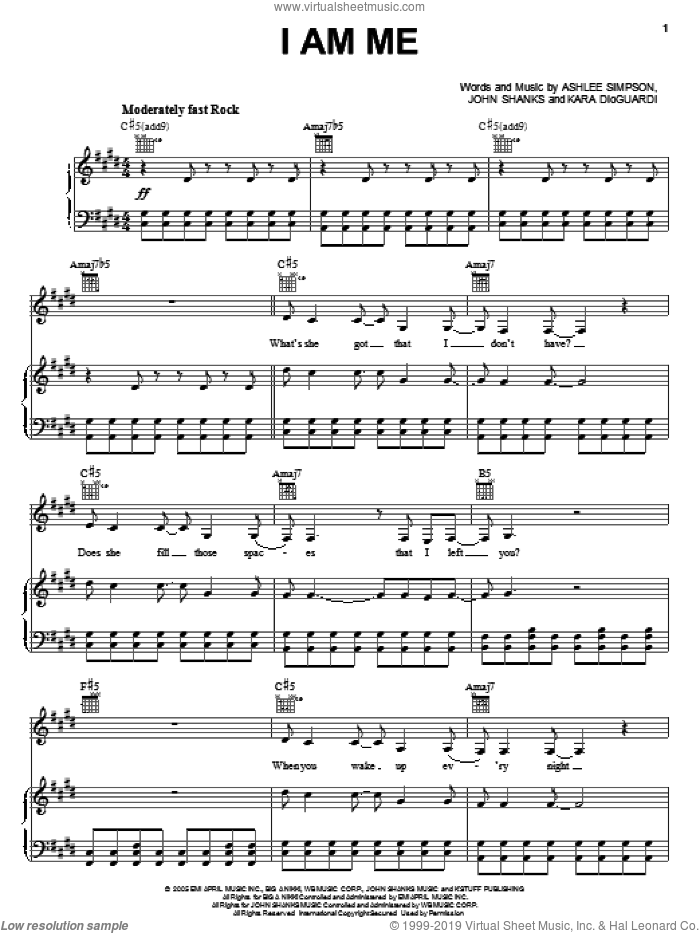 I Am Me sheet music for voice, piano or guitar by Ashlee Simpson, John Shanks and Kara DioGuardi, intermediate skill level