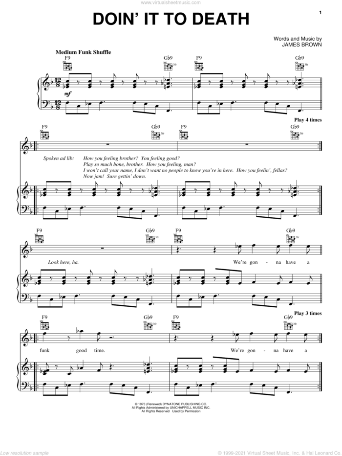 Doin' It To Death sheet music for voice, piano or guitar by James Brown, intermediate skill level