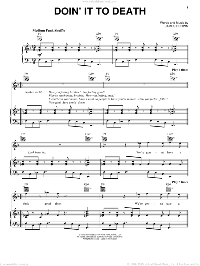 Doin' It To Death sheet music for voice, piano or guitar by James Brown, intermediate skill level