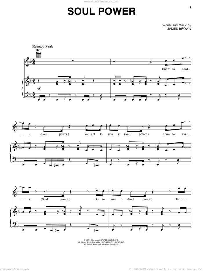 Soul Power sheet music for voice, piano or guitar by James Brown, intermediate skill level