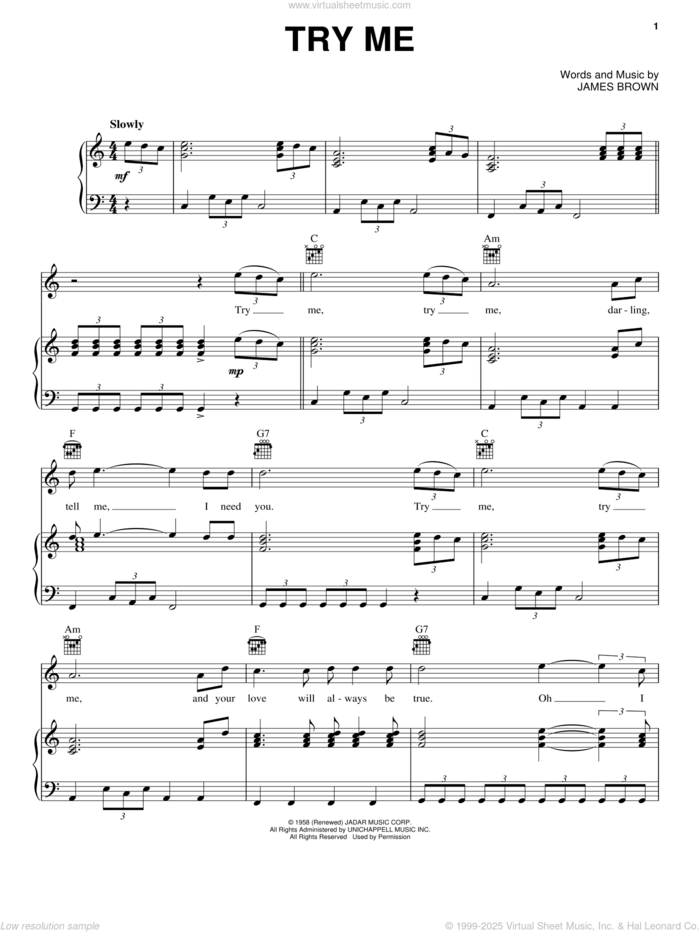 Try Me sheet music for voice, piano or guitar by James Brown, intermediate skill level