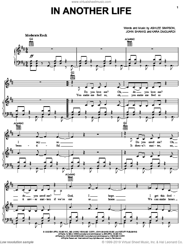 In Another Life sheet music for voice, piano or guitar by Ashlee Simpson, John Shanks and Kara DioGuardi, intermediate skill level