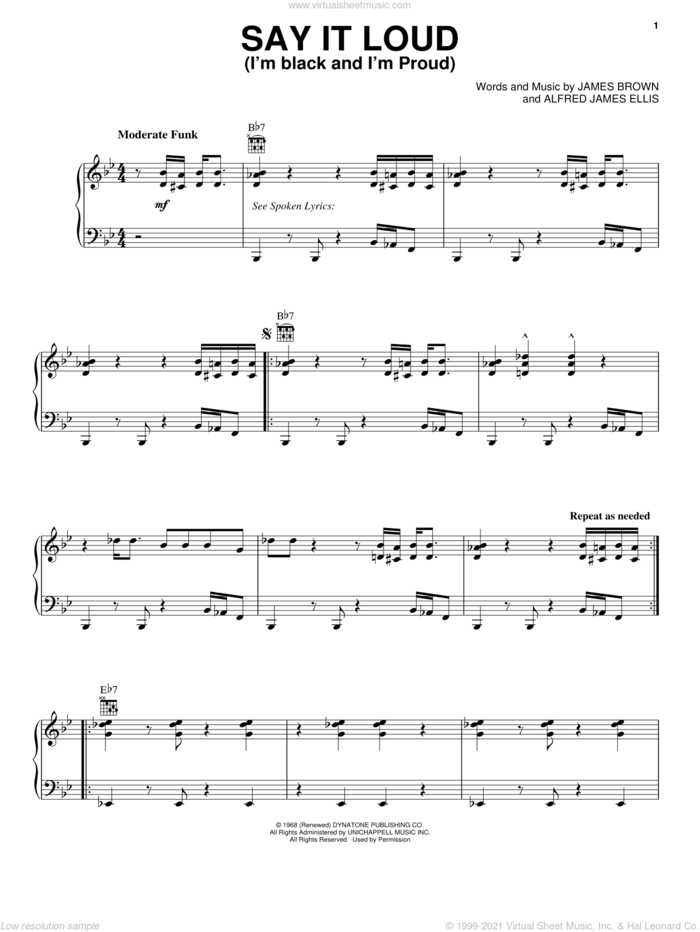 Say It Loud (I'm Black And I'm Proud) sheet music for voice, piano or guitar by James Brown, intermediate skill level
