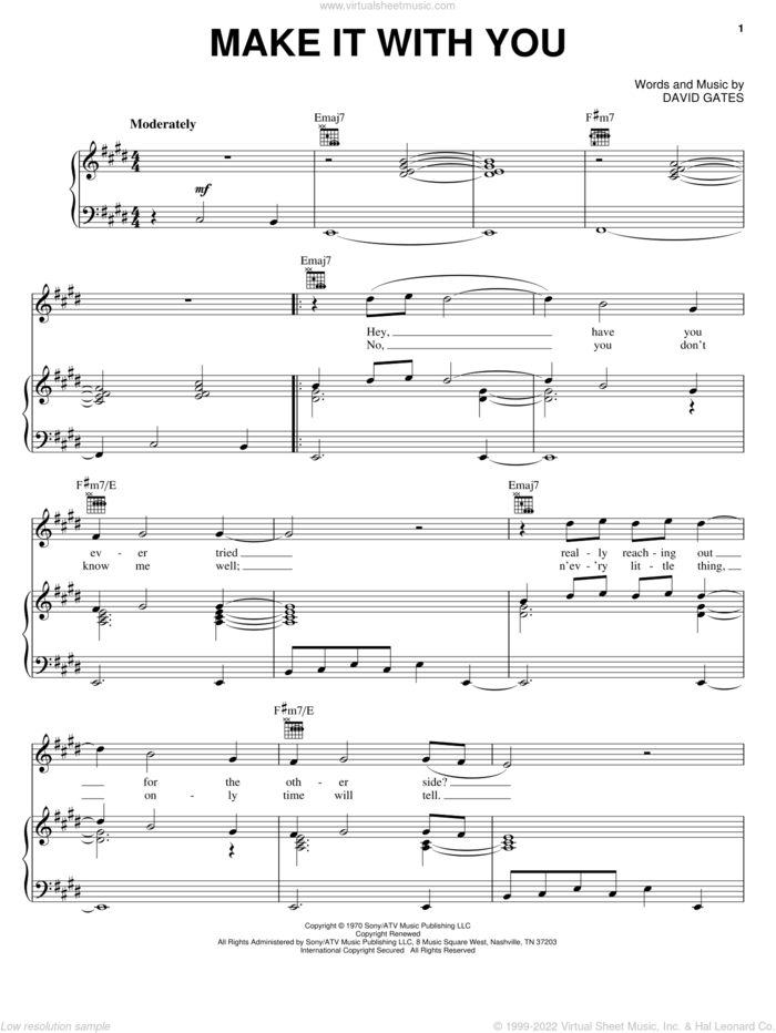 Make It With You sheet music for voice, piano or guitar by Bread and David Gates, wedding score, intermediate skill level