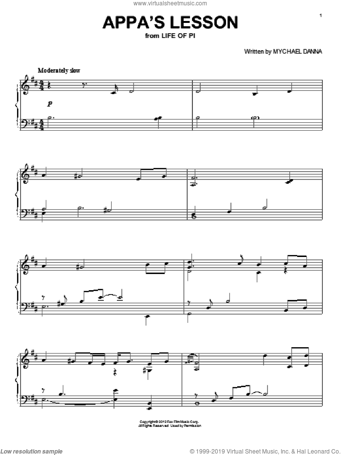 Appa's Lesson sheet music for piano solo by Mychael Danna and Life of Pi (Movie), intermediate skill level