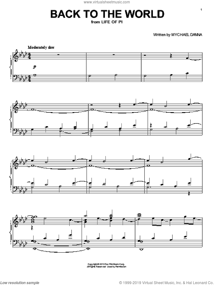Back To The World sheet music for piano solo by Mychael Danna and Life of Pi (Movie), intermediate skill level