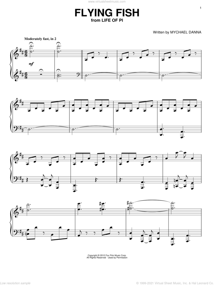 Flying Fish sheet music for piano solo by Mychael Danna and Life of Pi (Movie), intermediate skill level