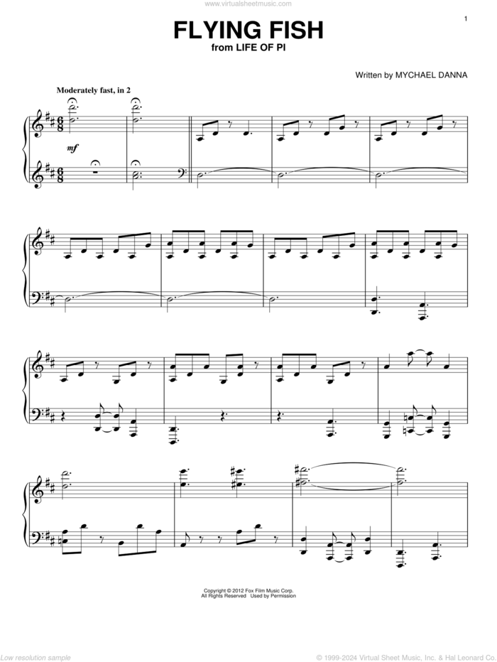 Flying Fish sheet music for piano solo by Mychael Danna and Life of Pi (Movie), intermediate skill level