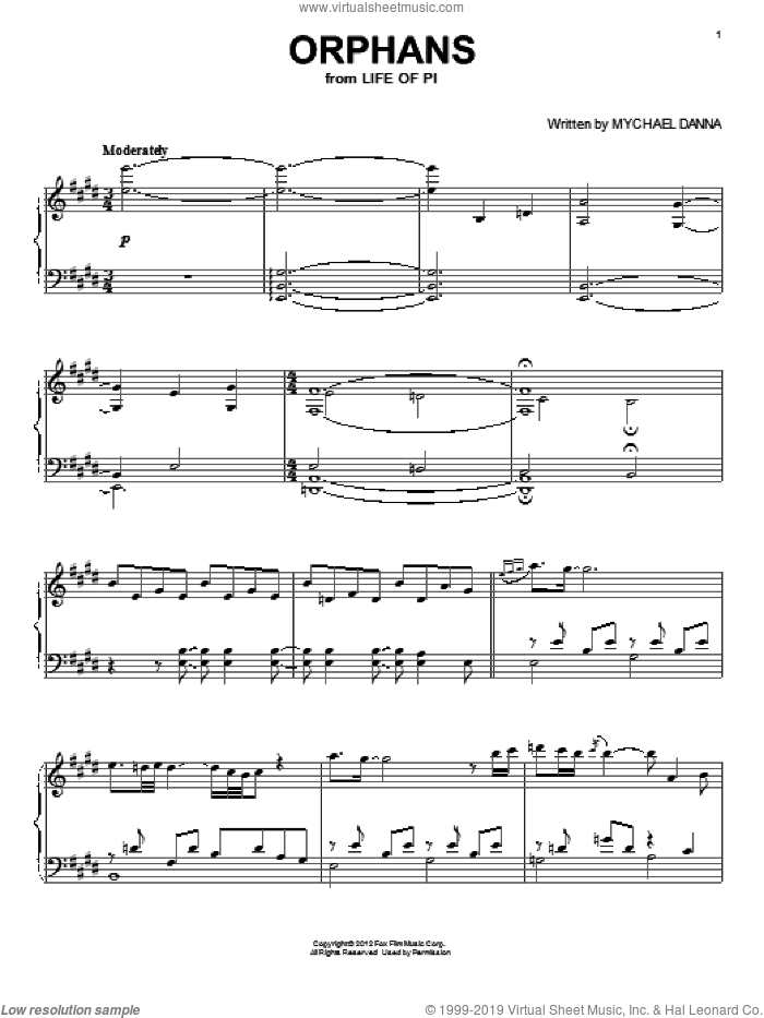 Orphans sheet music for piano solo by Mychael Danna and Life of Pi (Movie), intermediate skill level