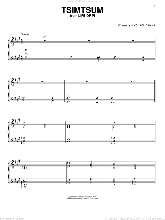 Tsimtsum sheet music for piano solo by Mychael Danna and Life of Pi (Movie), intermediate skill level