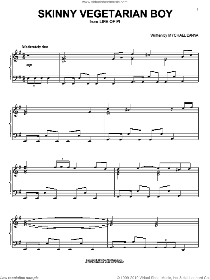 Skinny Vegetarian Boy sheet music for piano solo by Mychael Danna and Life of Pi (Movie), intermediate skill level
