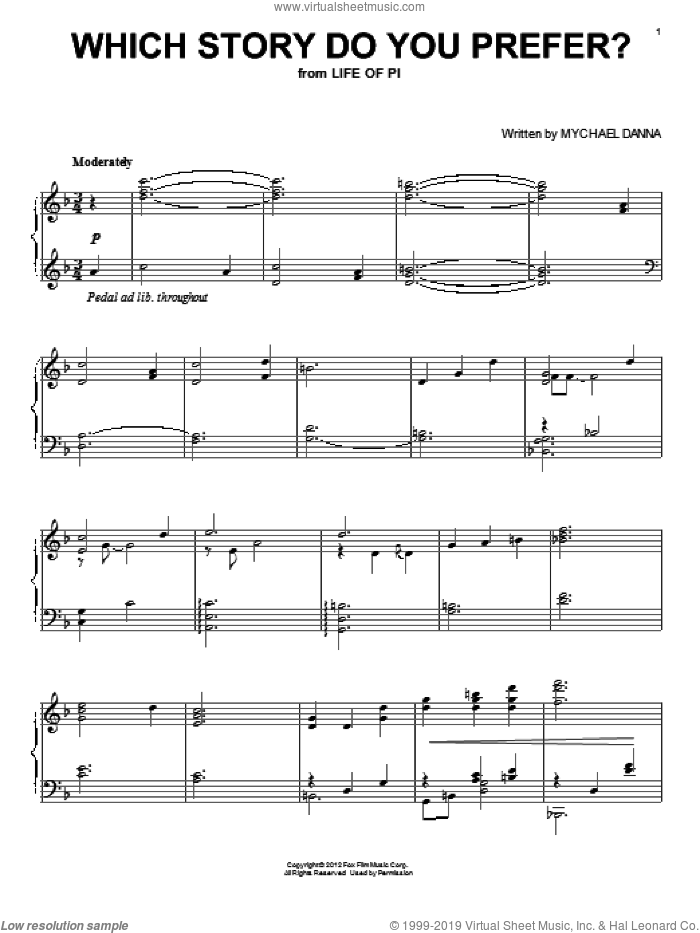 Which Story Do You Prefer? sheet music for piano solo by Mychael Danna and Life of Pi (Movie), intermediate skill level