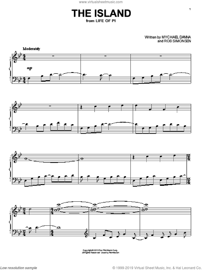 The Island sheet music for piano solo by Mychael Danna, Life of Pi (Movie) and Rob Simonsen, intermediate skill level