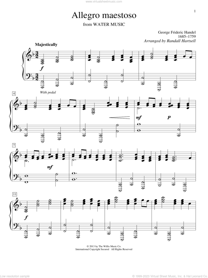 Allegro Maestoso, (intermediate) sheet music for piano solo by George Frideric Handel and Randall Hartsell, wedding score, intermediate skill level