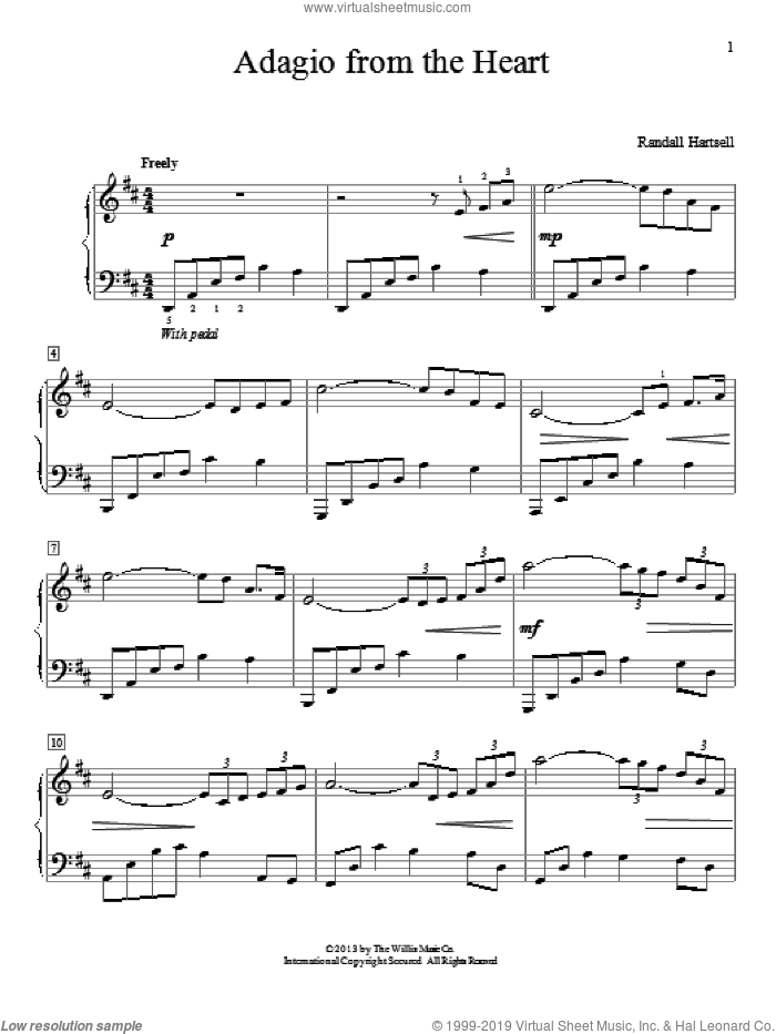Adagio From The Heart sheet music for piano solo by Randall Hartsell, wedding score, intermediate skill level