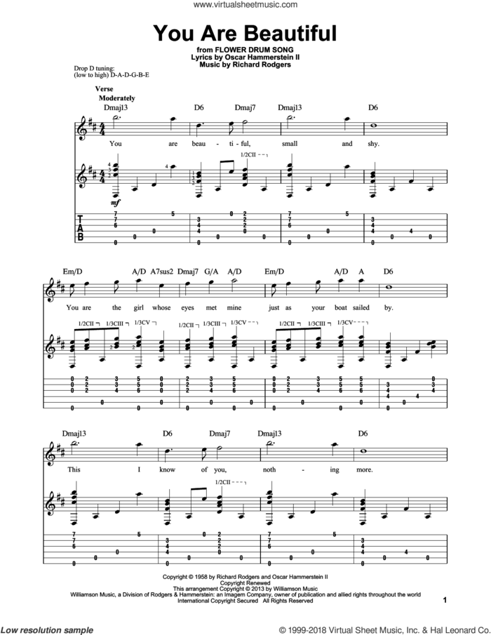 You Are Beautiful sheet music for guitar solo by Rodgers & Hammerstein, Oscar II Hammerstein and Richard Rodgers, intermediate skill level