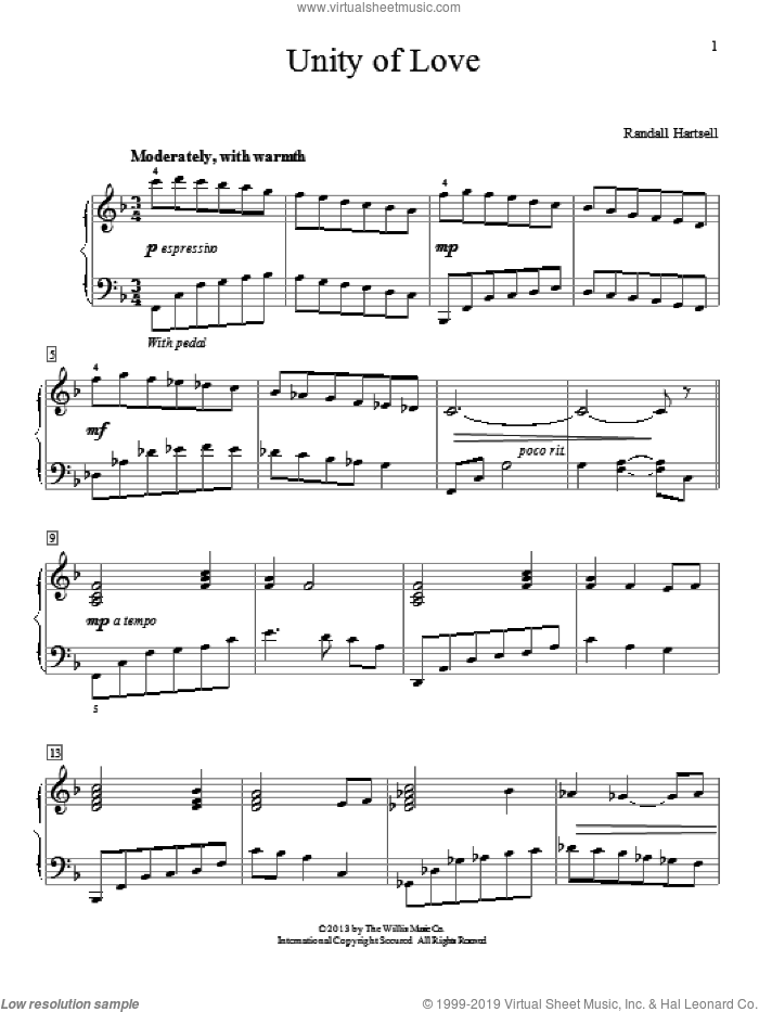 Unity Of Love sheet music for piano solo by Randall Hartsell, wedding score, intermediate skill level