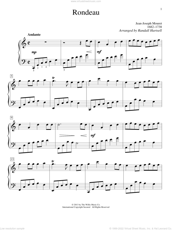 Rondeau, (intermediate) sheet music for piano solo by Jean-Joseph Mouret and Randall Hartsell, wedding score, intermediate skill level