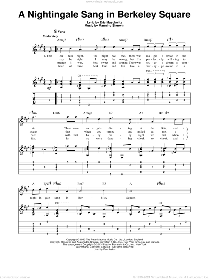 A Nightingale Sang In Berkeley Square sheet music for guitar solo by Manhattan Transfer, Eric Maschwitz and Manning Sherwin, intermediate skill level