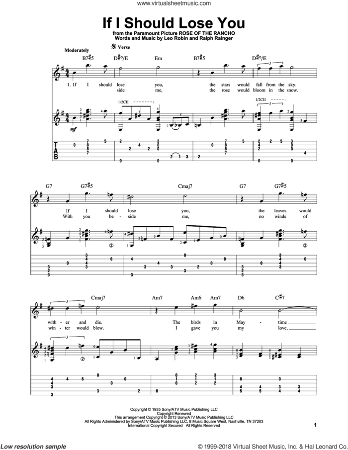 If I Should Lose You sheet music for guitar solo by Phineas Newborn, Leo Robin and Ralph Rainger, intermediate skill level