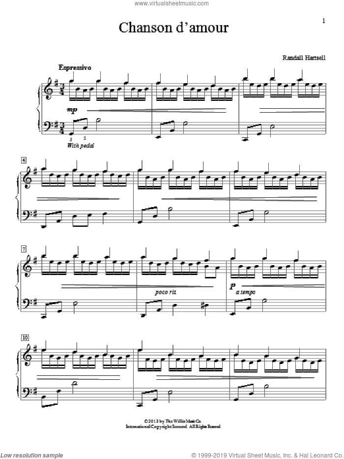 Chanson D'Amour sheet music for piano solo by Randall Hartsell, wedding score, intermediate skill level