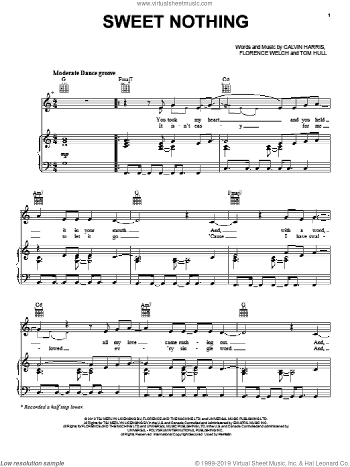 Sweet Nothing sheet music for voice, piano or guitar by Calvin Harris and Florence Welch, intermediate skill level