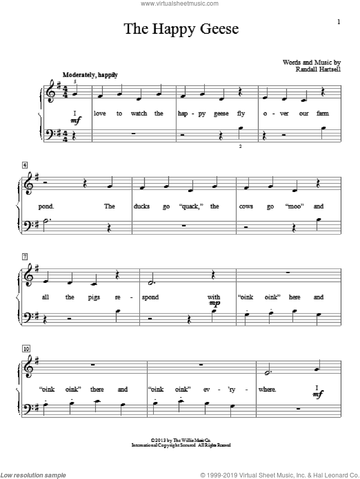 The Happy Geese sheet music for piano solo (elementary) by Randall Hartsell, beginner piano (elementary)
