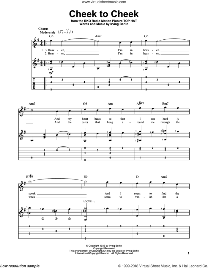 Cheek To Cheek, (intermediate) sheet music for guitar solo by Irving Berlin and Fred Astaire, intermediate skill level