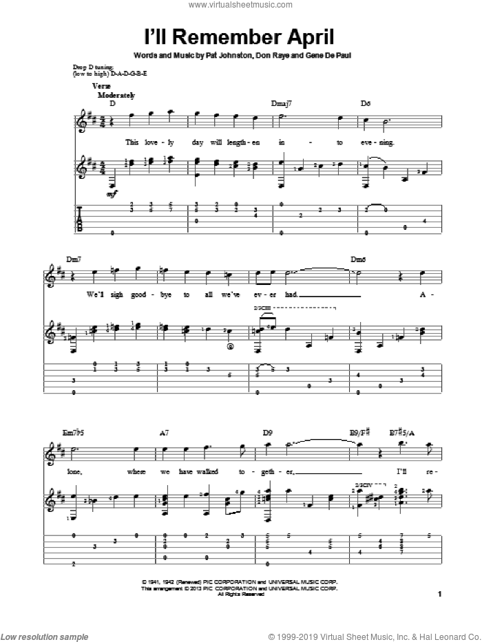 I'll Remember April sheet music for guitar solo by Woody Herman & His Orchestra, Don Raye, Gene DePaul and Pat Johnston, intermediate skill level