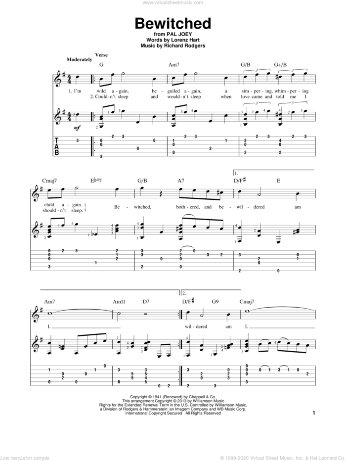 Bewitched sheet music for guitar solo by Rodgers & Hart, Betty Smith Group, Lorenz Hart and Richard Rodgers, intermediate skill level