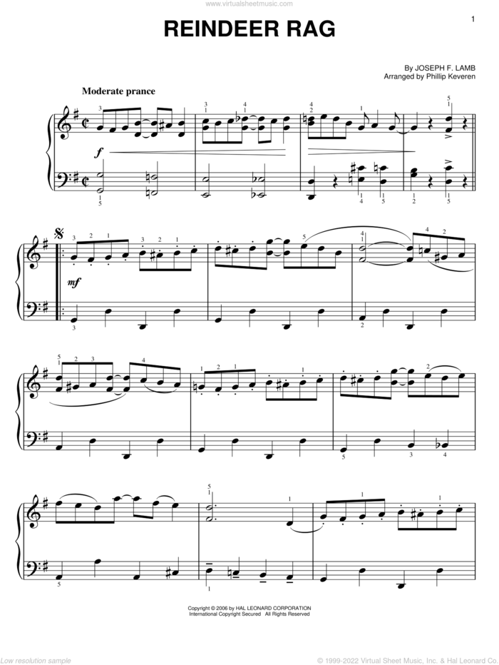 Reindeer Rag (arr. Phillip Keveren) sheet music for piano solo by Joseph Lamb and Phillip Keveren, easy skill level
