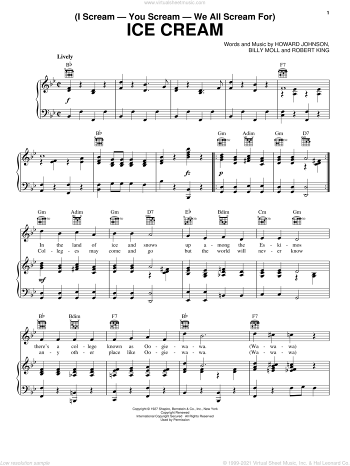 (I Scream-You Scream-We All Scream For) Ice Cream sheet music for voice, piano or guitar by Billy Moll, Howard Johnson and Robert King, intermediate skill level