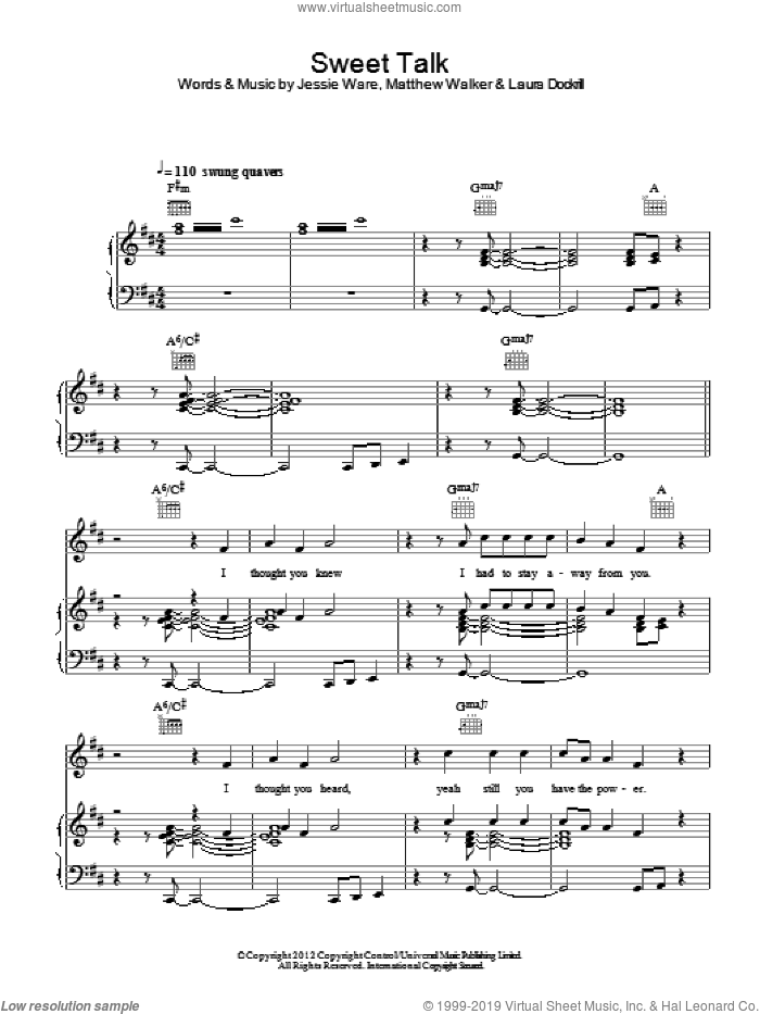 Sweet Talk sheet music for voice, piano or guitar by Jessie Ware, intermediate skill level