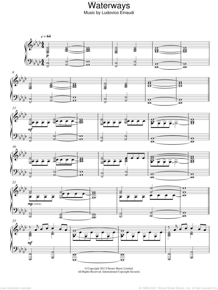 Waterways sheet music for piano solo by Ludovico Einaudi, classical score, intermediate skill level
