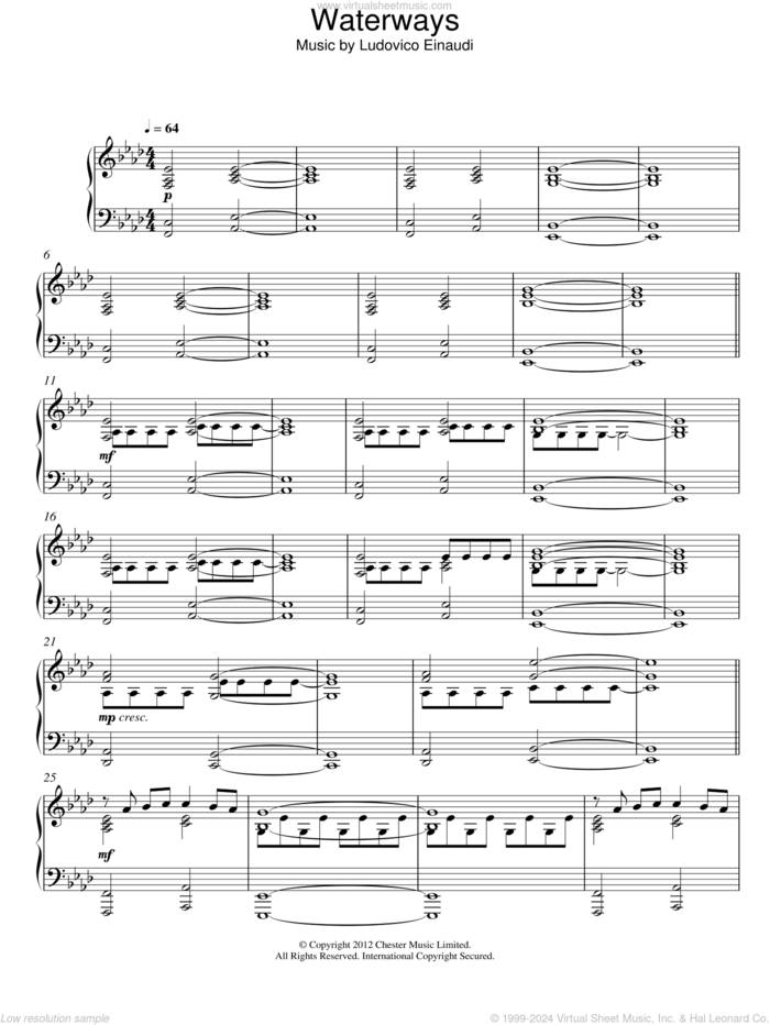 Waterways sheet music for piano solo by Ludovico Einaudi, classical score, intermediate skill level