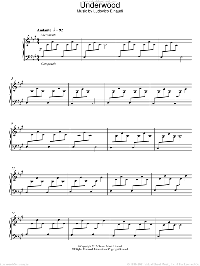 Underwood sheet music for piano solo by Ludovico Einaudi, classical score, intermediate skill level