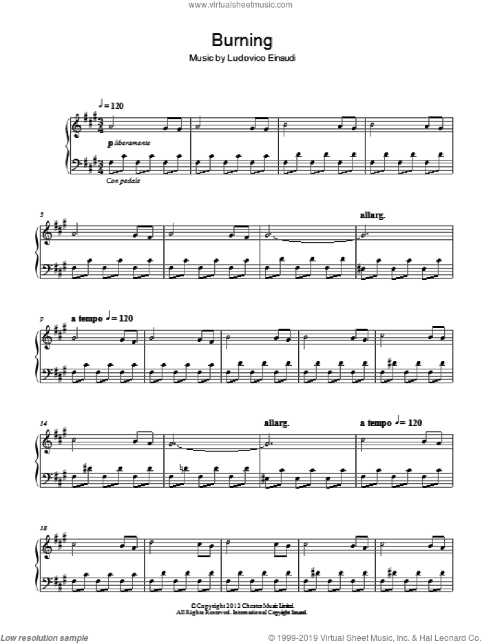 Burning sheet music for piano solo by Ludovico Einaudi, classical score, intermediate skill level