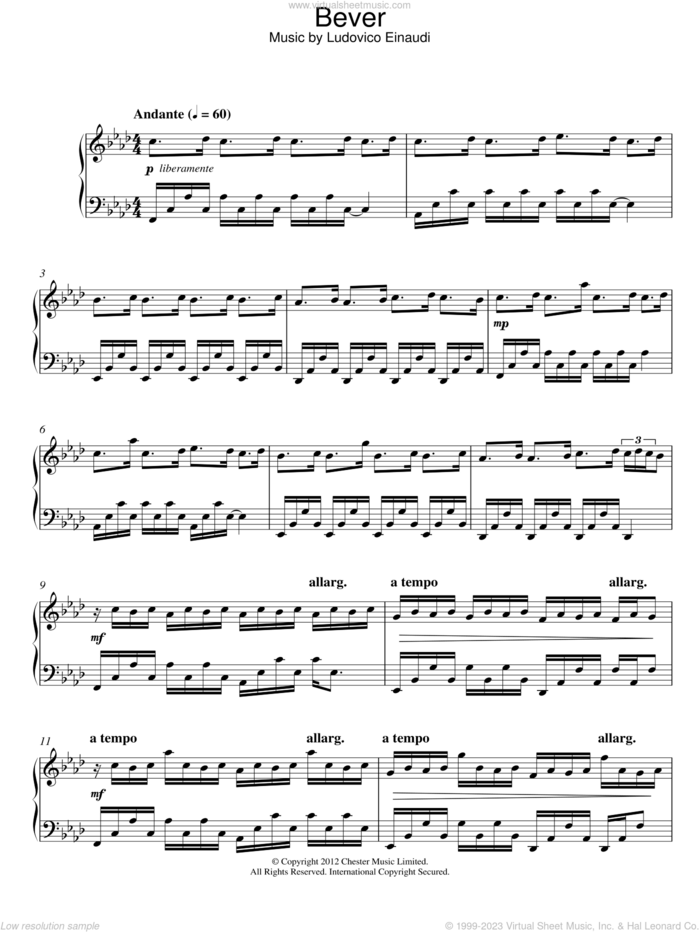 Bever sheet music for piano solo by Ludovico Einaudi, classical score, intermediate skill level