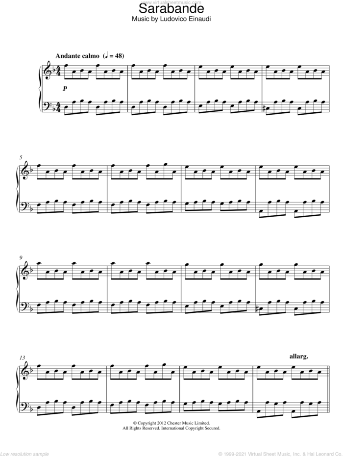 Sarabande sheet music for piano solo by Ludovico Einaudi, classical score, intermediate skill level